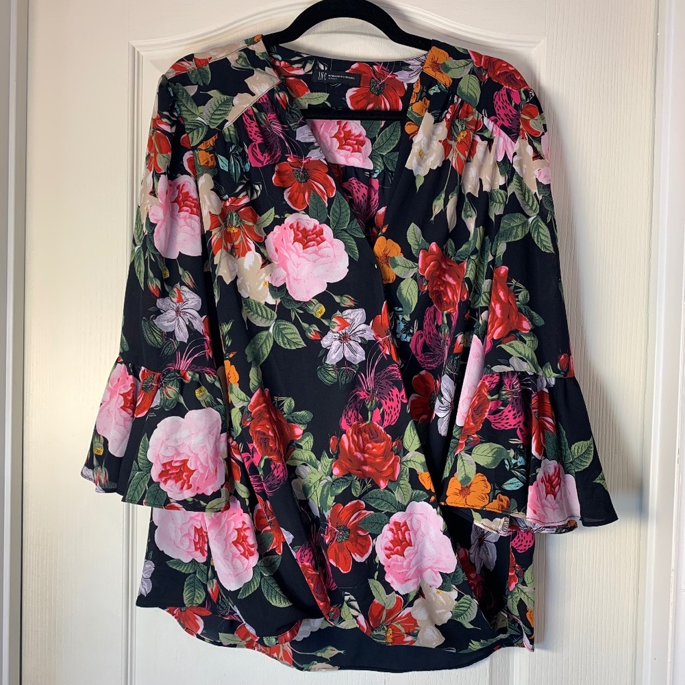 INC International Concepts Floral Wrap-Style Blouse Women XL | Ruffle Sleeves